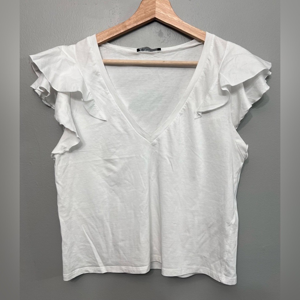 Zara Flutter Cap Sleeve White Crop Top Size Medium